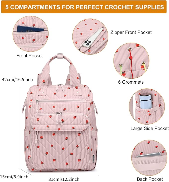 Crochet Bag Backpack, Yarn Storage, Large Crochet Storage Organizer for Knitting & Crochet Accessories, Kawaii Corduroy Crochet Supplies, Christmas Gifts for Women, Pink Strawberries