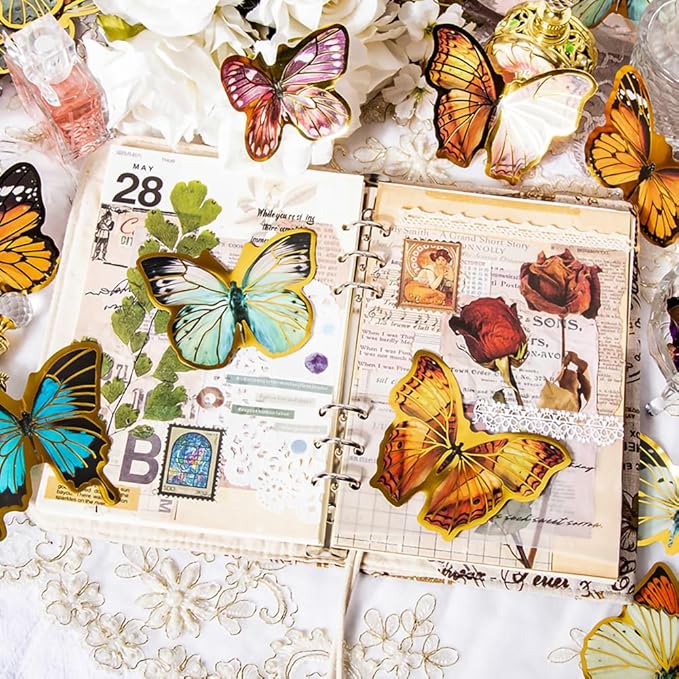 80-Piece Large Vintage Gold Foil Butterfly Scrapbook Sticker Pack - Transparent Waterproof Realistic Butterfly Stickers for Art Crafts, Journals, Planners, Scrapbooks, Laptops