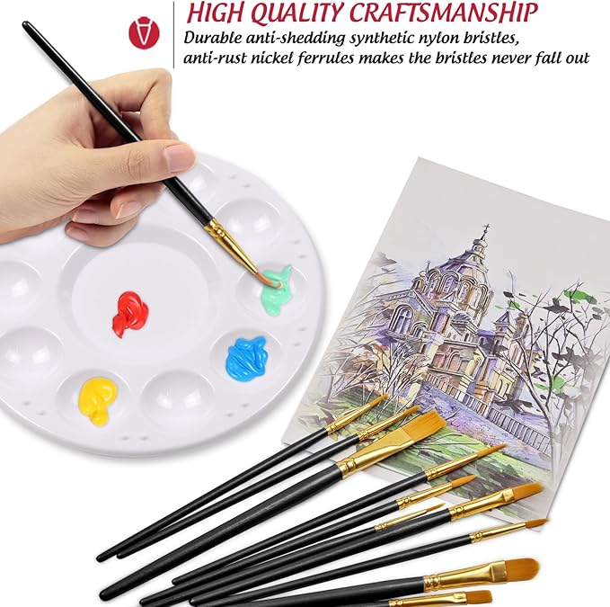 Paint Brushes Palettes Set by DUGATO, 2 Packs/20pcs Round Pointed Tip Nylon Hair Brushes with 5 Paint Trays for Acrylic Watercolor Oil Gouache Tempera and Body Painting (Black)