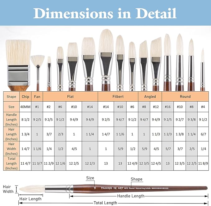Falling in Art Natural Bristle Professional Paintbrush Set, 15PCS Long Handle Brushes for Acrylic Painting, Oil Paint Brushes of Fan, Round, Flat, Angled, and, Filbert with Storage Pouch, Brown