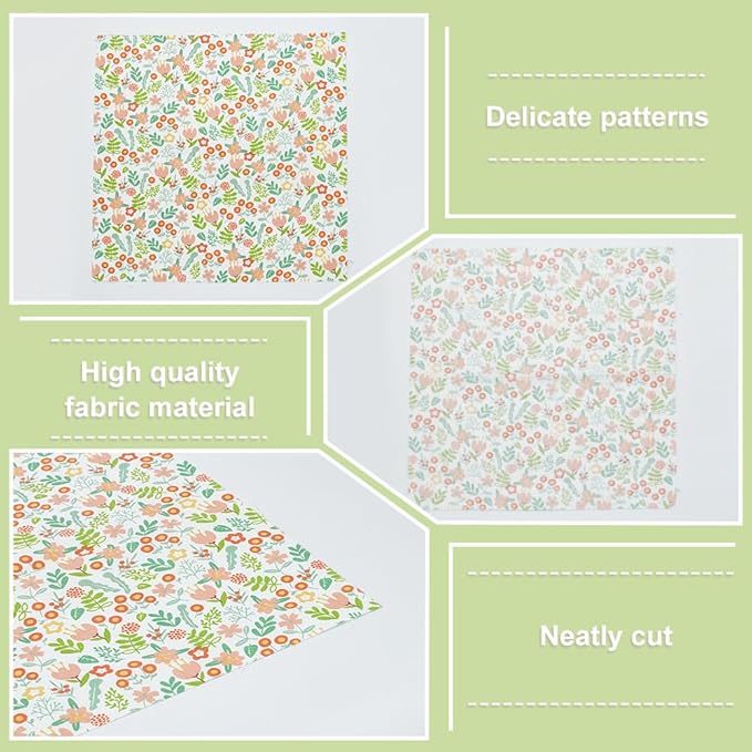 FREEBLOSS 60pcs Cotton Floral Fabric Bundle: 15 Different Patterns, Pre-Cut Quilt Squares, Green (with multiple colors in patterns)