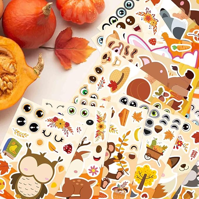 24 Sheets Fall Stickers for Kids Toddlers, Autum Animal Stickers Make-a-face Sticker Make Your Own Sticker 8 Designs of Animal Owl Squirrel Hedgehog Fox Fall Party Decorations Supplies