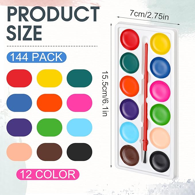 Outus 144 Pcs Watercolor Paint Set Bulk Mini Paint Set Washable Watercolor Palette with Painting Brushes for Art Party Supplies Prizes Stocking Stuffers, 3.3 x 2.6 Inch(12 Colors)
