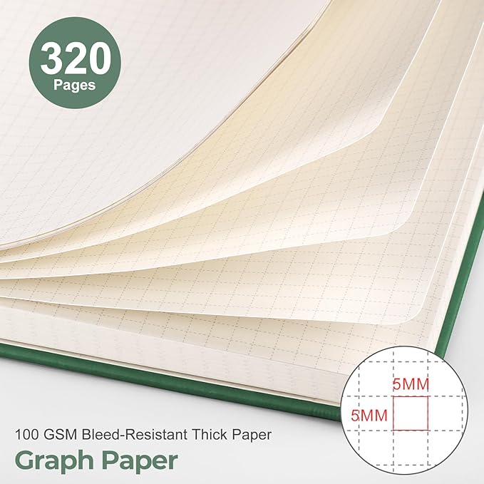 EMSHOI A5 Graph Paper Notebook - 320 Pages, PU Leather Hardcover, Thick 100gsm Square Grid Paper for Math, Engineering, Graphing, Writing, School & Work. Dark Green, 5.75x8.38 Inch