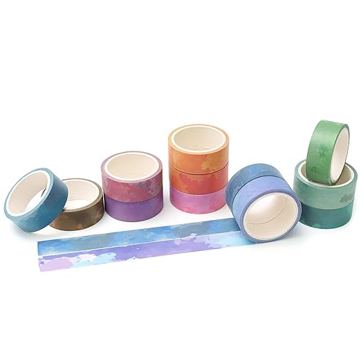 YUBX Watercolors Washi Tape Set 12 Rolls Pastel Colors Masking Macaron Graphic Decorative Tapes for Arts, DIY Crafts, Journals, Planners, Scrapbook, Wrapping