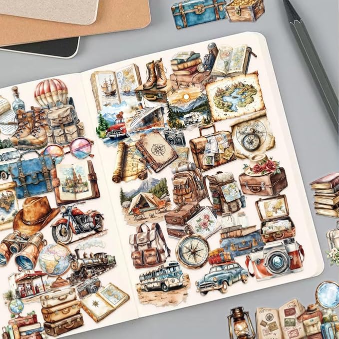 50PCS Vintage Travel Adventure Clear Scrapbook Stickers – Retro Outdoor Expedition Aesthetic, Waterproof Decorative Antique Decals for Journaling, Luggage, Laptop, Art Ablum Supplies