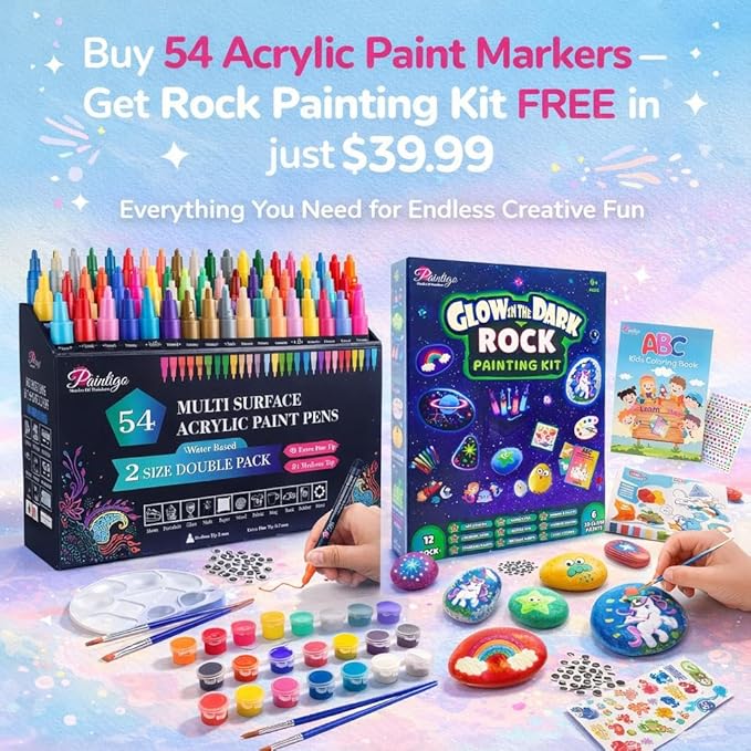 PAINTIGO 54 Colors Acrylic Paint Markers – 0.7mm Fine & 3mm Medium Tips for DIY Crafts, Rock Painting, Wood, Canvas, Glass, Fabric, Ceramic, Plastic & More
