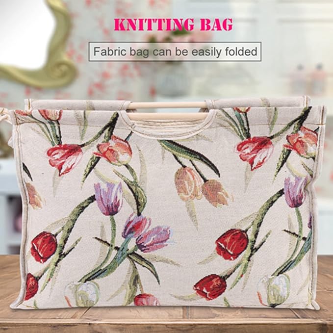 KooingTech Yarn Bag, Knitting Bag, 16.5 x 11.8 x 4.3 Inch Crochet Project Bag with Wood Handle, Foldable Knitting Project Bag, Tulip Pattern Knitting Tote Bag for Yarn Supplies (Rose Jacquard)