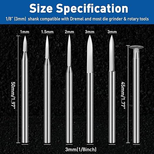 Wood Carving Drill Bits Set for Dremel Rotary Tool, 6Pcs Engraving Drill Bits Wood Carving Tools with 1/8” Shank for DIY Woodworking Carving Grinding Engraving Drilling Micro Sculpture