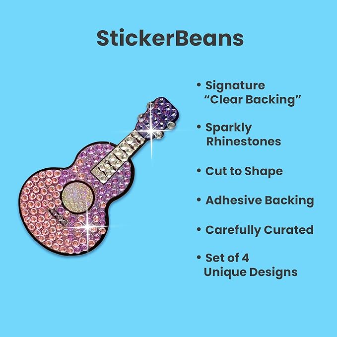 StickerBeans® Rhinestone Stickers – I Love Music 4-Pack, 2” x 2” Unique Sparkly Cut-to-Shape for Collecting, Trading, Decorating Laptops, Phone Cases, Scrapbooks - Kids, Teens, Adults