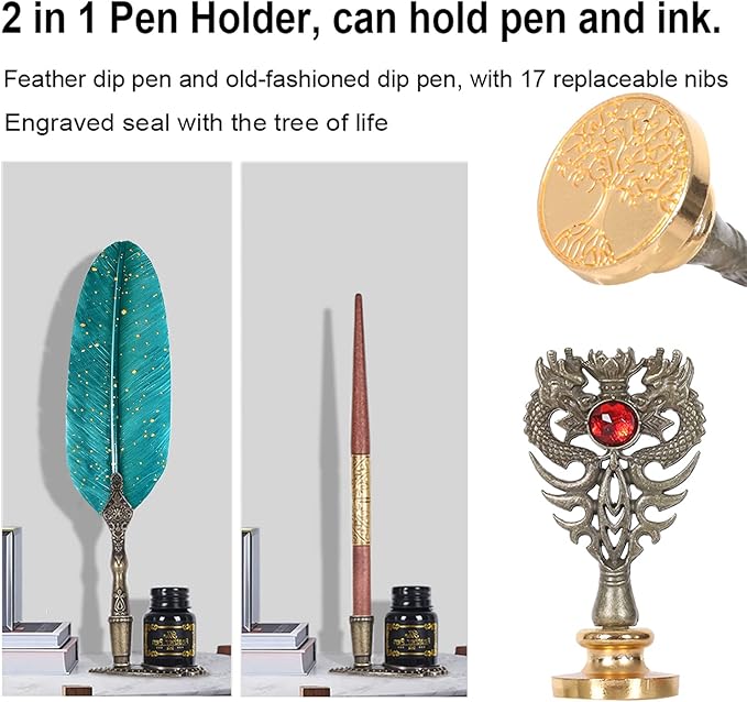 Feather Calligraphy Pen Ink Set, Includes Quill Pen and Wooden Dip Pen, Ink,17 Replacement Nib, Pen Base, 3 Wax Seal Sticks, Stamp, White Wax, Spoon, Envelope Letter Paper, Envelope Tool(Green)