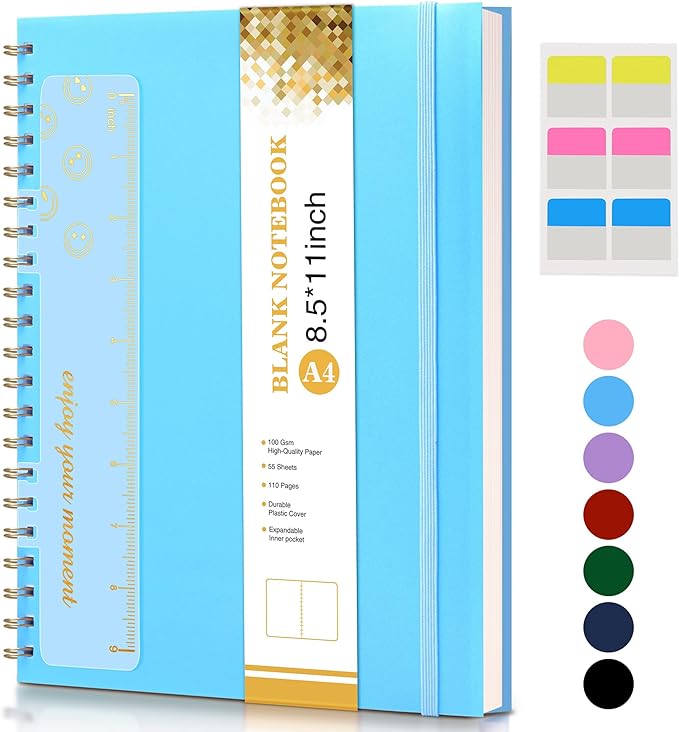 Blank Spiral Notebook Journal 8.5” x 11”, A4 Large Sketch Book for Women Men, 100 GSM Blank Paper Drawing Notebook, Plastic Hardcover Spiral Bound Sketchbook for Sketching Work School Writing, Blue