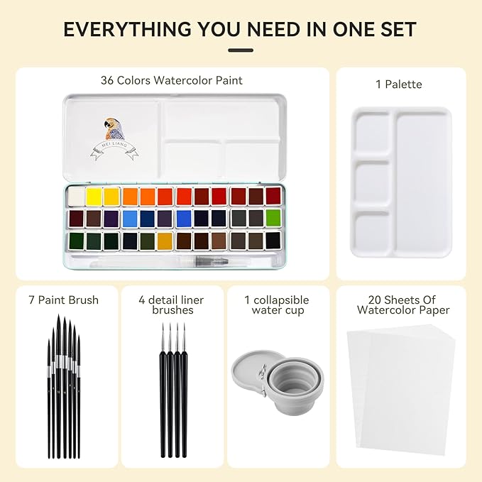 36 Color Solid Watercolor Paint Set with Watercolor Tool Kit (20 watercolor paper, 11 brushes, 1 collapsible water cup and 1 palette) for Beginners, Students & Outdoor Painting