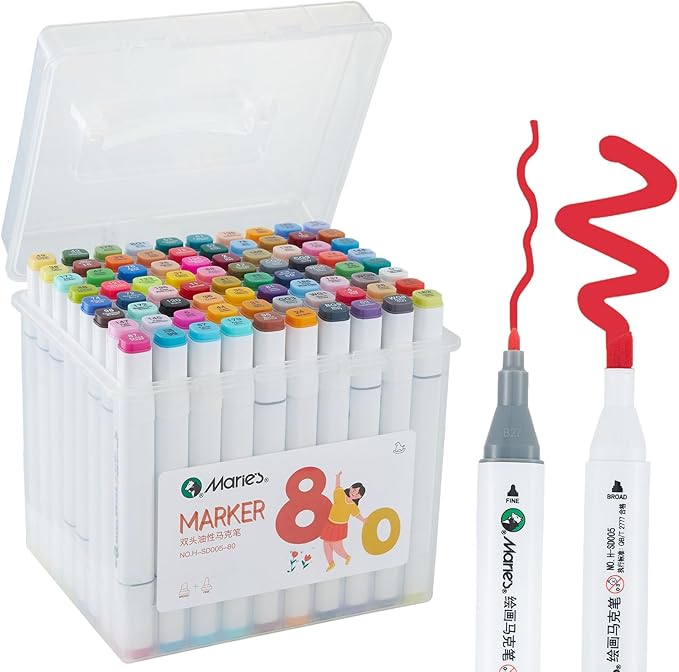 Marie's Alcohol Marker,80 Colors Dual Tip Art Markers for Adults Kids Marker Pens with Holder and Case for Painting Supplies Perfect for Painting,Coloring Illustration,Sketching and Drawing