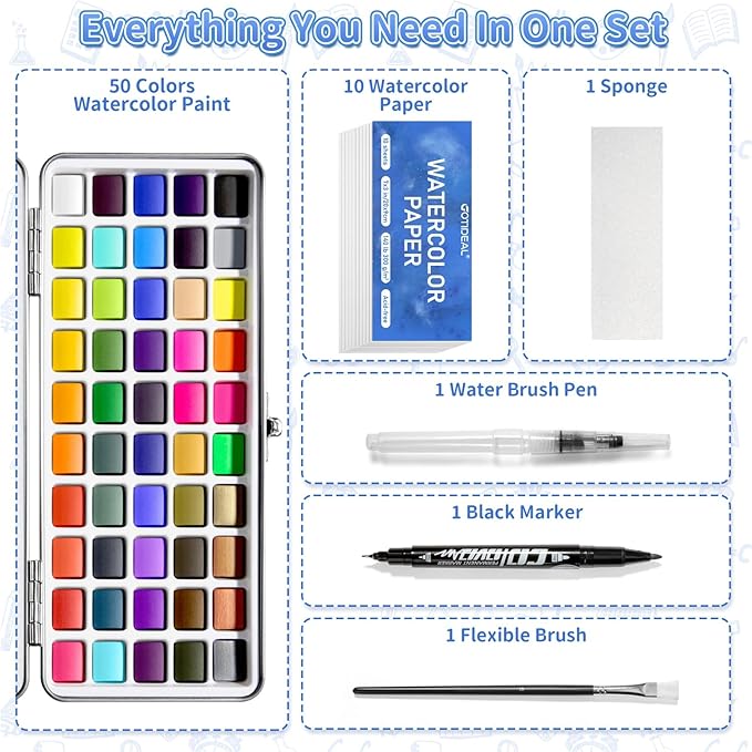 GOTIDEAL Watercolor Paint Set, 50 Vivid Colors with Metal Portable Carrying Case, Perfect Travel Water Colors Paint Adult Set for Artists,Beginners,Professionals