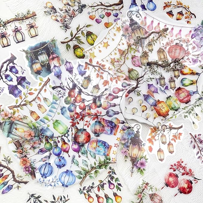 YOKSAS 50PCS Watercolor Hanging Lantern and String Light Stickers – Clear Tree Branch Scrapbook Stickers for Journaling, Card Making, Planners, Crafts, Holiday Art Projects
