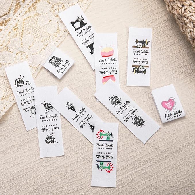 callie Personalized Sewing Labels for Handmade Items, Custom Name on Made with Love Cotton Tags for Crocheting, Branding, Crafts, Knitting 50-200 PCS (10 Pattern Options)