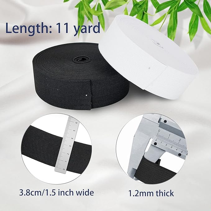 1.5 Inch Elastic Band for Sewing, Crafts, DIY, High Elasticity, (White 11Yards, Black 11 Yards)