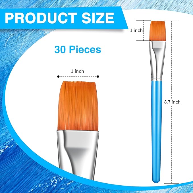 Zonon 30 Pieces Paint Brushes Bulk Small Flat Top Acrylic Oil Paint Brush for Artists Mini Touch up Crafts Detail Painting(1 Inch,Blue)