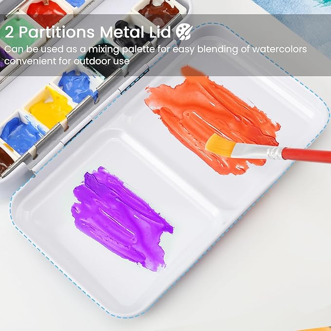 Watercolor Palette Empty with 14PCS Watercolor Half Pans - Sturdy Empty Watercolor Palette Tin - Watercolor tin for Gouache, Watercolor and Acrylic Painting