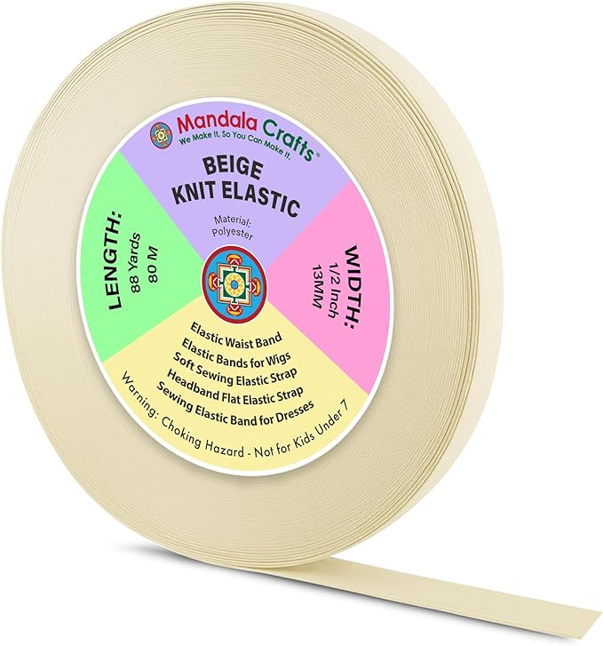 Mandala Crafts Wide 1/2 Inch Beige Elastic Bands Spool for Pants Waistbands Sewing and DIY Crafts, 88 YD Stretchy Flat Fabric Strap Knit Elastic Band for Wig