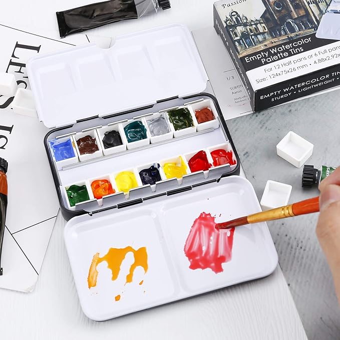 MYARTOOL Watercolor Tin Palette, Metal Empty Paint Case with 12 PCS Empty Half Pans for DIY Travel Watercolor Palette, Acrylic and Oil Painting