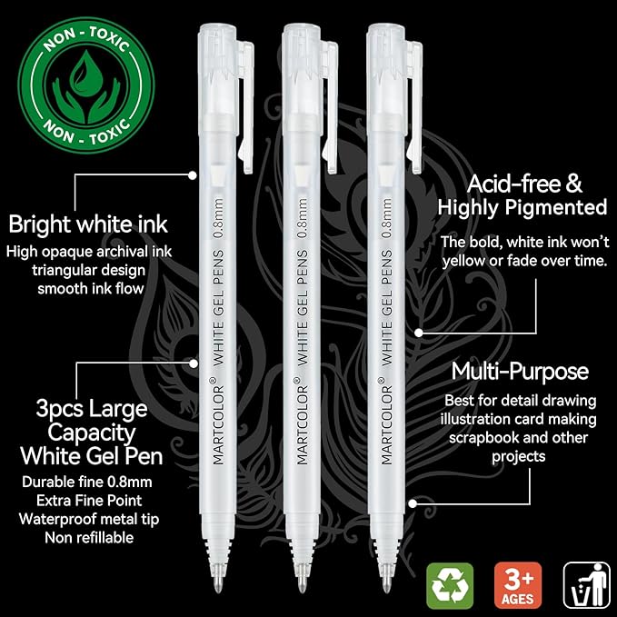 White Gel Pens, 0.8mm Extra Fine Point Opaque Archival Ink Pen for Black Paper Drawing, Art Highlight, Illustration, Bullet Journaling, Card Making & DIY Projects, 3 Pack