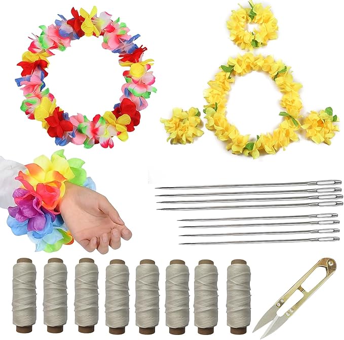 17 Pcs Lei Needle Kit Include 8 Pcs Stainless Steel Long Needle 8 Rolls Lei Needle Twine 1 Sewing Scissors 4.1inch for DIY Graduation Hawaiian Malay Flower Lei Craft Making
