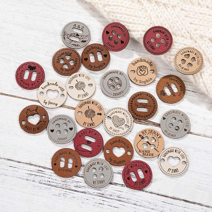 callie Personalized Name Buttons & Tags for Crafts – Custom Text, Leather Handmade with Love Tags for Crochet Items, Gifts for Crafting Knitting Crocheting Sewing Lovers
