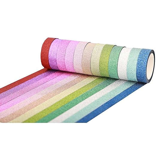 YUKUNTANG Glitter Washi Tape Set, 12 Rolls, 10mm x 66 Yards, Metallic Foil Sparkle Decorative Craft Tape for DIY Art, Scrapbooking, Journaling, Gift Wrapping