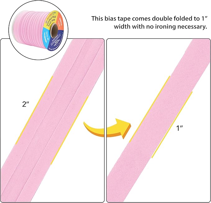 Mandala Crafts 55 Yards 1 Inch Light Pink Double Fold Bias Tape for Sewing - Bias Binding Tape for Quilting Binding, Hemming, Seam, and Fabric Piping