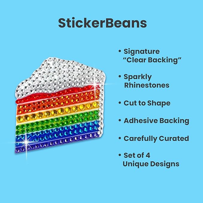 StickerBeans® Rhinestone Stickers - Happiness 4-Pack, 2” x 2” Each, Unique Sparkly Cut-to-Shape for Collecting, Trading, Decorating Laptops, Phone Cases, Scrapbooks - for Kids, Teens, & Adults