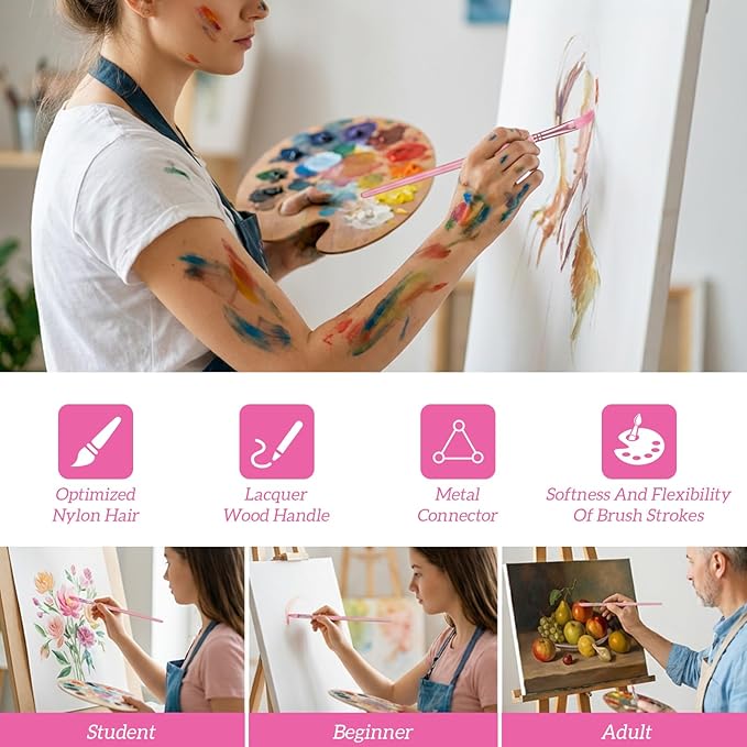 6 Pcs Nylon Hair Brushes for Paint by Number, Acrylic Paints Brush Set Watercolor Brush Oil Painting Round Flat Art Paint Brushes Kit for Beginners Adults with 2/4/6/8/10/¼ Sizes(Pink)