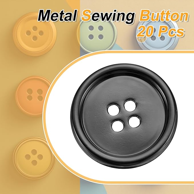 HARFINGTON 20pcs Metal Sewing Button, 25mm 4-Hole Round Suit Shirts Coats Clothes Sewing Buttons for Decoration Craft, Gunmetal