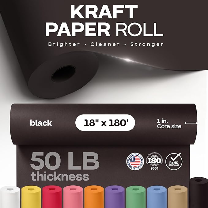 Black Paper Roll 18" x 2160" (180 feet) - USA-Made Black Kraft Paper 50lb Thickness - Ideal for Wrapping, Packing, Moving, Shipping, and Arts & Crafts - 100% Recycled Natural Material by IDL Packaging