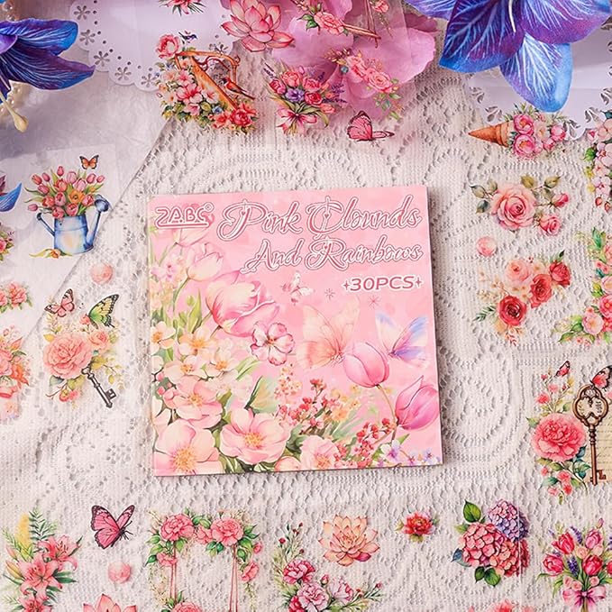 MAFELOE 30 Pages PET Scrapbook Stickers of Creative Flowers Theme, Aesthetic Deco Journaling Supplies for Junk Bullet Diary Album Calendars-Pink (Y3-P-WSSL)