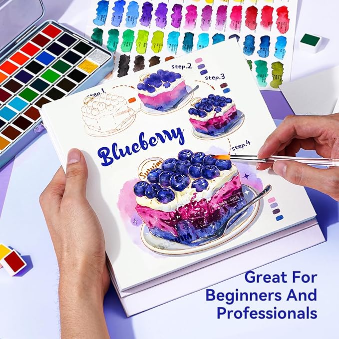 Travel Watercolor Set, 52 Colors Watercolor Paint with 1 Drawing Pencil, 1 Paint Brush, 5 Watercolor Paper, 1 Sponge & 1 Black Drawing Pen, Water Colors Paint Adults Set, Blue Case