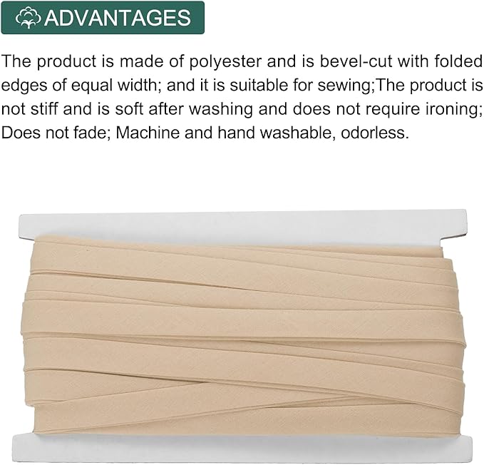 MECCANIXITY 1/2 Inch Double Fold Bias Tape Continuous Bulk Cotton Bias Tape for Sewing Seaming Quilting Hemming Binding Crafts (Khaki 25 Yards)