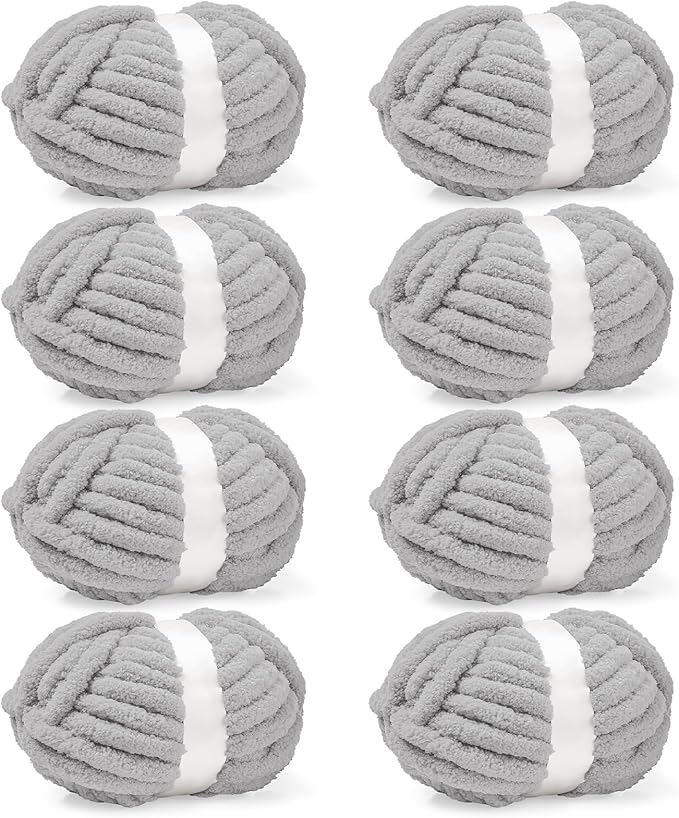 inhand 8 Pack Chunky Chenille Yarn for Crocheting– 30.6 Yards, 7.7oz, Super Bulky, Soft Fluffy Plush Yarn for Hand or Arm Knitting– Ideal for Blankets, Crafts & DIY Projects (Light Gray)