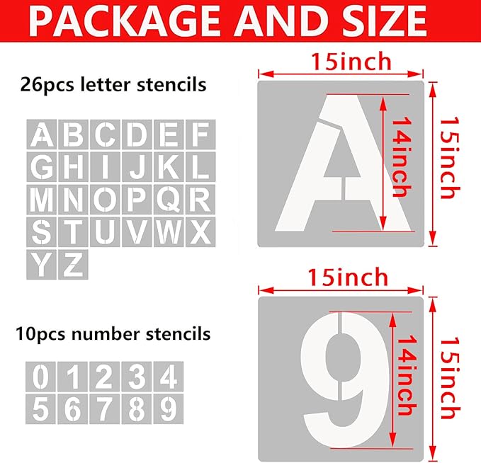 YEAJON 15 Inch Letter Stencils and Numbers, 36 Pcs Alphabet Art Craft Stencils, Reusable Plastic Templates for Wood, Wall, Fabric, Rock, Signage (15 Inch)