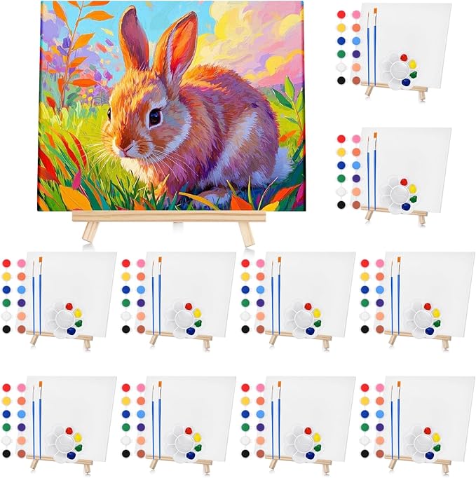 10 Set Acrylic Paint Canvas Set – 8x10 Inch Mini Canvas Painting Kit with 10 Wood Easels, 20 Brushes, 12 Watercolour Paints, 10 Palettes – Art Supplies for Beginners, Ideal for Parties & DIY Painting