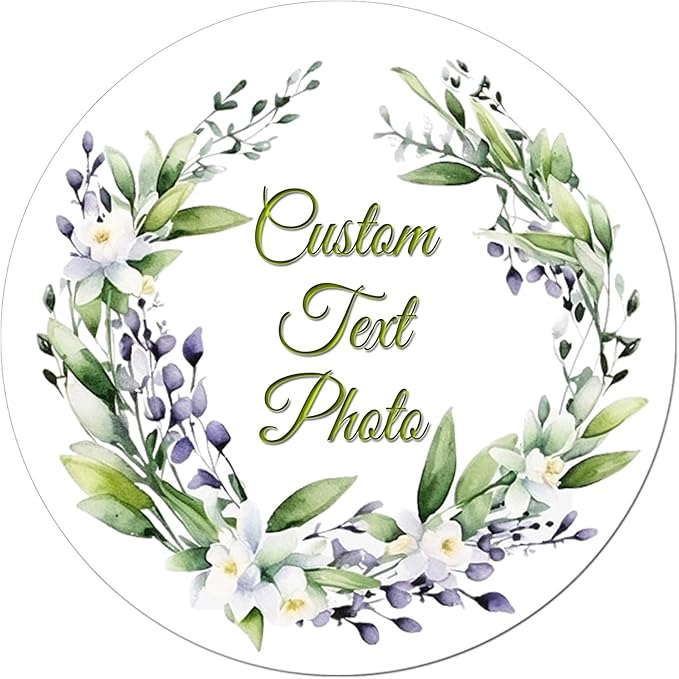 (Made in MA) Custom Round Flower wreath Sticker Labels - Personalized Customized Stickers for Birthday Baby and Labels Product Boxes Wedding Shower Labels