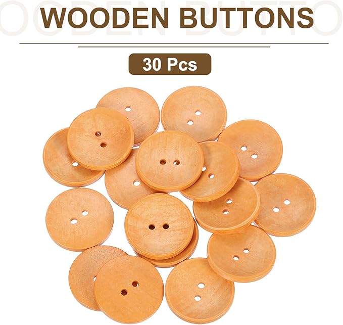 uxcell 30Pcs Wooden Buttons, 38mm(1.5 Inch) 2 Hole Round Wood Sewing Button Craft for Sewing DIY Craft Clothing, Light Orange