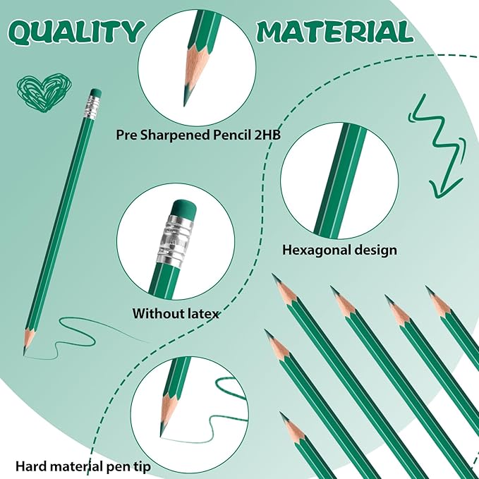 36 PCS Checking Pencils Erasable Colored Pencils with Eraser Pre-Sharpened 2 HB for Checking, Grading, Tests & Office/School Supplies(Green)
