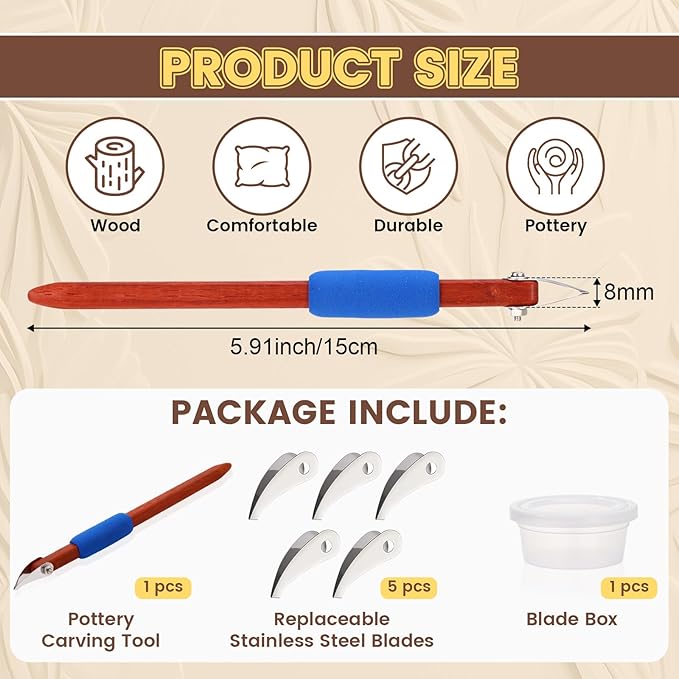 Lanties Pottery Carving Tools Set Include 5 Stainless Steel Blades & Red Pear Wood Handle, Sculpture Scraper Craft Modelling Tools for Clay, Ceramic Sculpting, Graffito, Relief Art (V-tip)
