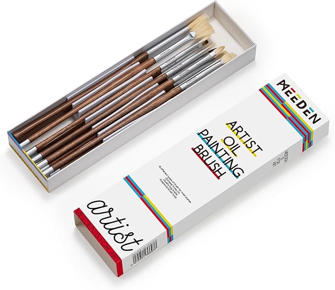 MEEDEN Artist Oil Paint Brush Set: 10 Pcs Hog Bristle Art Paint Brushes - Professional Oil Paint Brushes with Wood Long Handle - Perfect for Adults Canvas Painting
