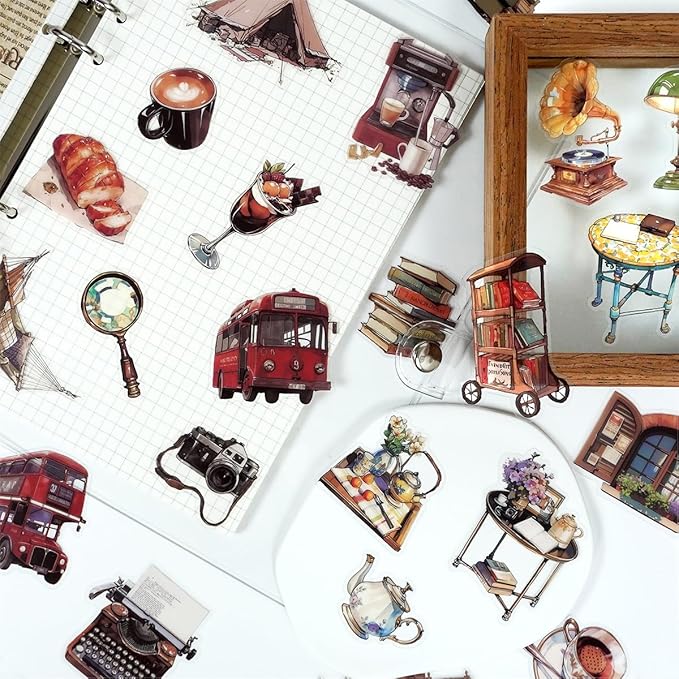 160 PCS Vintage Stickers, Retro Aesthetic Decals Set, PET Clear Waterproof Resin Stickers, Travel Foods Books Past Things Stickers for Scrapbook Diary Bottle Journals Laptop Crafts Planners