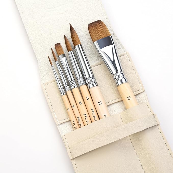 Sable Travel Watercolor Brushes, Fuumuui 6pcs Kolinsky Sable Watercolor Travel Brushes with Short Handles - Detail Liner Pointed Round Flat Wash Mop for Watercolor Gouache Ink Painting