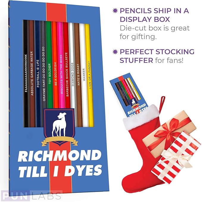 Richmond Till I Dyes Colored Pencil Set – Ted Lasso Inspired Parody Pencils for Fans of the Show – Set of 12 Foil-Stamped Pencils with Clever TV Show References – Fun School Supplies & Gifts