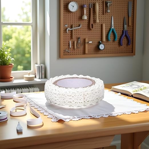 1 Roll 1.7m White Trim Ribbon Tape Self-Adhesive Decorative Lace Fabric Washi Tapes Striping Masking Tapes Decorative Durability Lace Washi Arts and Crafts Tape